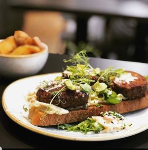 Haggis and coleslaw open sandwich at Soul Food Kitchen in Glasgow