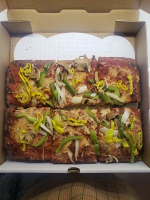 sicilian with veg cheese, onion, pepper, mushroom, banana pepper at Origin Craft Beer & Pizza - Hillview St in Sarasota