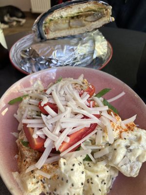 Potato salad and sandwich with mushrooms saute at Tarantula in Thessaloniki