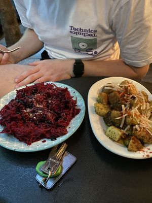 raw beetroot salad and potatoes with mustard and thyme  at Tarantula in Thessaloniki