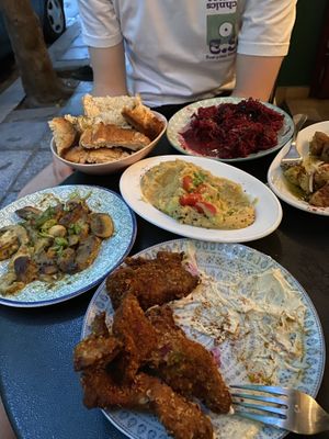 bread, sautéed mushrooms (the best dish), beetroot salad, fava bean dip, mushroom nuggets  at Tarantula in Thessaloniki