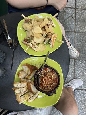 Top: Club Sandwich with mushroom nuggets; Bottom: Spicy Cheese pot  at Tarantula in Thessaloniki
