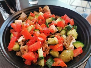 Dakos salad with rye rusks, feta and olives. at Tarantula in Thessaloniki