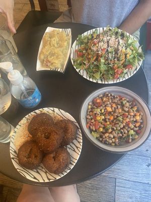 Green salad, aubergine salad, black eyed beans salad, kidney bean balls. Not pictured bread and potato fritters  at Tarantula in Thessaloniki
