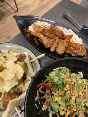 Club sandwich, mushroom nuggets and salad  at Tarantula in Thessaloniki