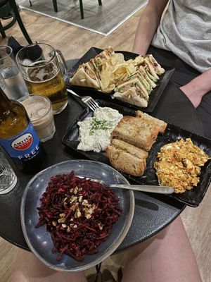 Club Sandwich, Beetroot salad, Tsatsiki and chili cheese dip💗 at Tarantula in Thessaloniki