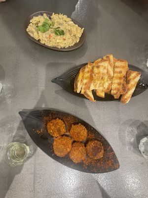 Eggplant dip and cheeseballs  at Tarantula in Thessaloniki