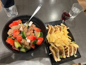 Salad and Club sandwich with bean balls  at Tarantula in Thessaloniki