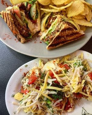 Club sandwich and potato salad! at Tarantula in Thessaloniki