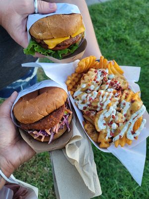 Spicy Fam Chickn sandwich, OG Hot Fried Chickn Sandwich, and Ranch bacon cheese fries! at Veggie Fam in Los Angeles