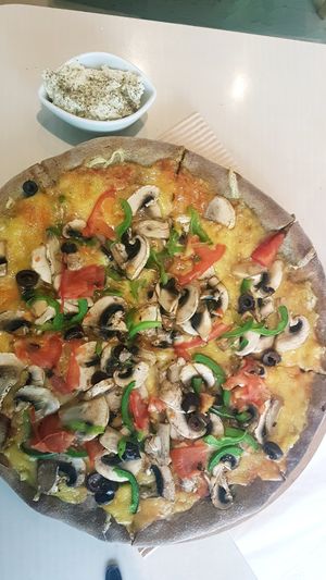 Olive pizza without onions. Very nice and creamy. at Mystic Vegan in Athens
