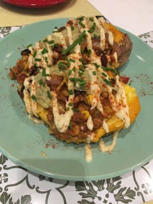 Weekend brunch, baked sweet potato with soy mince, mashed avocado + more at Mystic Vegan in Athens