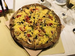 Olive pizza at Mystic Vegan in Athens