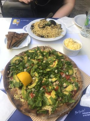 Avocado pizza and Sicilian spaghetti  at Mystic Vegan in Athens
