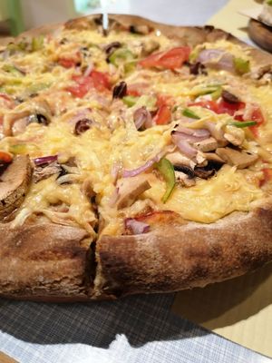 Olive pizza at Mystic Vegan in Athens