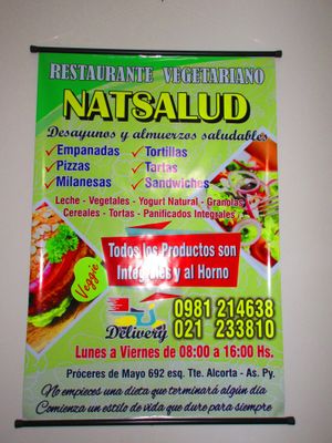Hours and info.  The actual hours are 8:30 to 3:00 Monday to Friday. at Comida Vegetariana in Asuncion