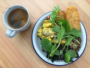 Coffee and three choice plate at Flora by Greenhouse Canteen in West End