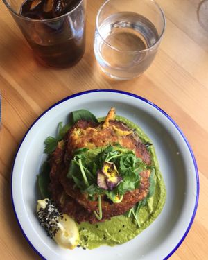 Savoury Chickpea Pancakes  at Flora by Greenhouse Canteen in West End