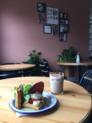 Waffles and Iced Chai with the cute decor  at Flora by Greenhouse Canteen in West End