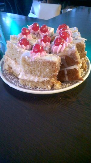 Cherry Bakewell cake at Karma Kitchen Cafe in Newcastle Upon Tyne
