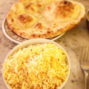 Peshwari rice and garlic naan at Karma Kitchen Cafe in Newcastle Upon Tyne