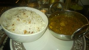 Seitan madras and garlic rice at Karma Kitchen Cafe in Newcastle Upon Tyne