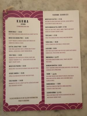 Menu April 2019 at Karma Kitchen Cafe in Newcastle Upon Tyne