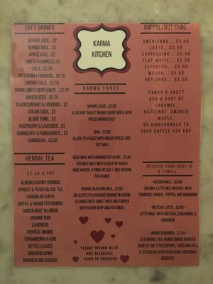 Drinks menu April 2019 at Karma Kitchen Cafe in Newcastle Upon Tyne