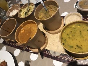 Dahl, tofu tikka masala, veg rice, veg curry and cashews, steamed rice   at Karma Kitchen Cafe in Newcastle Upon Tyne
