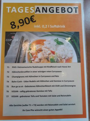 Page 1 of the daily menu with vegan options at Com Pho in Cologne