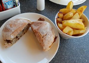vegan sausage sarnie and chips at Dean's Garden Centre in York
