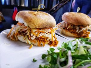 #SmokySunday all-day southern BBQ is for vegans too. Our pulled sweet potato sandwich is tasty, y'all! at Flora Hall Brewing in Ottawa