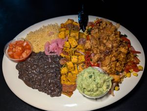 The Platter was the name I think. Delicious.  Tempeh and sweet potatoes. at El Rey Burrito Lounge in Montgomery