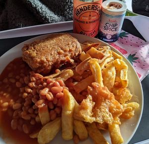 'Vish' (vegan fish) with chips and beans at Leon's in Clay Cross