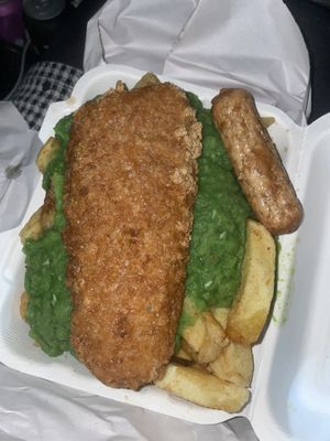 Vish, chips, mushy peas and plain sausage  at Leon's in Clay Cross