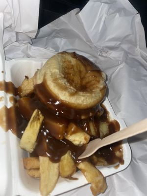 Chicken pie, chips and gravy  at Leon's in Clay Cross