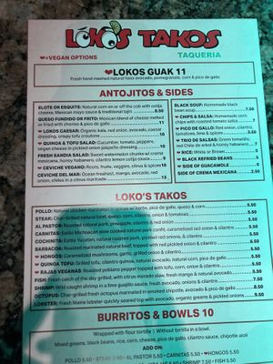 Menu. Vegan options clearly marked with ♥️  at Lokos Takos Taqueria in Fort Lauderdale