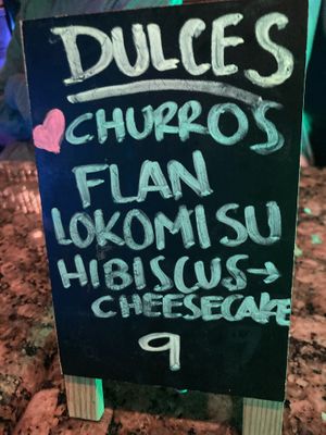Dessert menu, churros are marked vegan   at Lokos Takos Taqueria in Fort Lauderdale