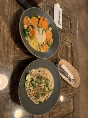 Yellow Thai curry and creamy miso noodles  at Kula in Pisac