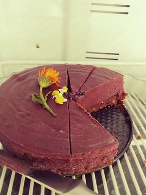 Raw vegan sacha papa morada cake at Kula in Pisac