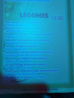 Menu at Indian Lounge in Nice
