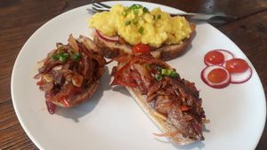 Chickpea tofu and bbq mushroom on toast at Asa Vegan Kitchen and Studio in Chiang Mai
