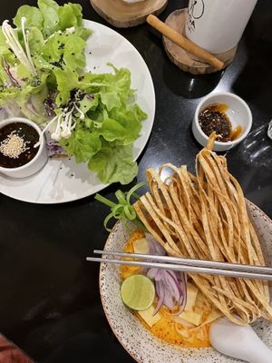 Khao Soi and summer rolls  at Asa Vegan Kitchen and Studio in Chiang Mai