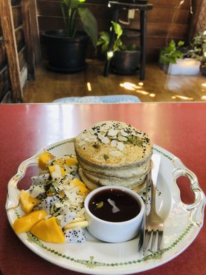 Flaxseed pancakes with tender syrup  at Asa Vegan Kitchen and Studio in Chiang Mai