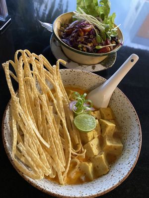 Khao Soi and Burmese tea leaf salad   at Asa Vegan Kitchen and Studio in Chiang Mai