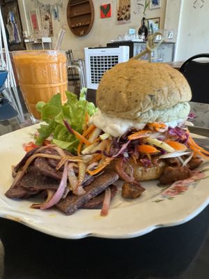 BBQ Mushroom Burger with Iced Thai Mylk Tea  at Asa Vegan Kitchen and Studio in Chiang Mai