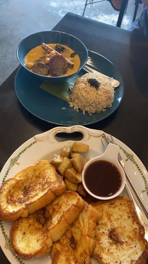 Massaman curry, and French toast w caramelised apple.   at Asa Vegan Kitchen and Studio in Chiang Mai