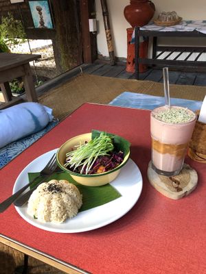 Burmese tea leaf salad + PBJ shake with hemp seeds & lucuma added ✨  at Asa Vegan Kitchen and Studio in Chiang Mai