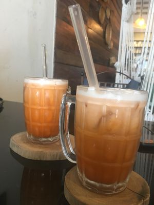 Yummy vegan Thai iced teas with glass straw  at Asa Vegan Kitchen and Studio in Chiang Mai