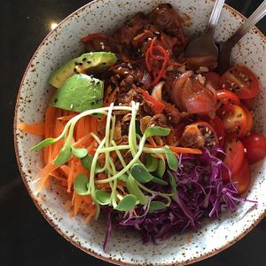 A healthy pulled BBQ mushroom veggie bowl on a bed of brown rice at Asa Vegan Kitchen and Studio in Chiang Mai